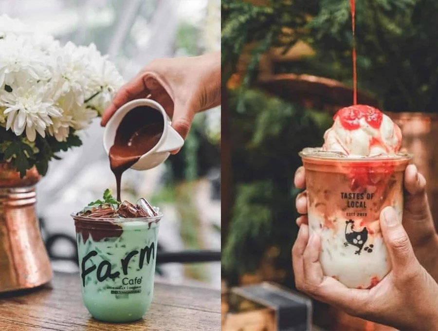 Brand applications on cups and drinks.