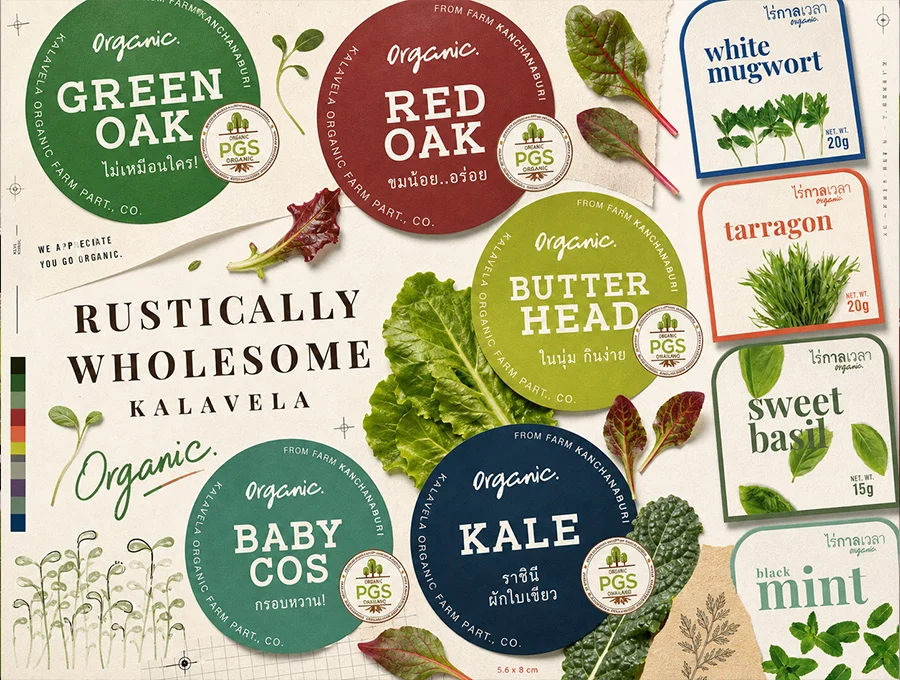 Label artwork across the product range.